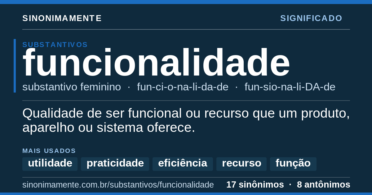 Significado de funcionalidade: cartão do verbete com 17 sinônimos
