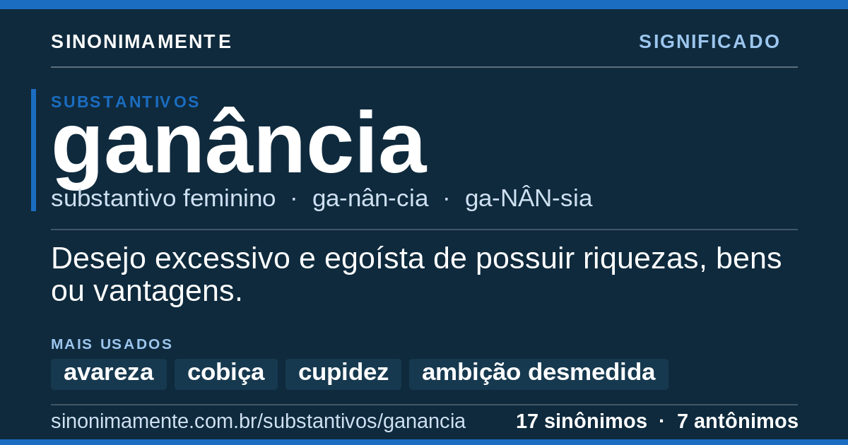 Significado de ganância: cartão do verbete com 17 sinônimos