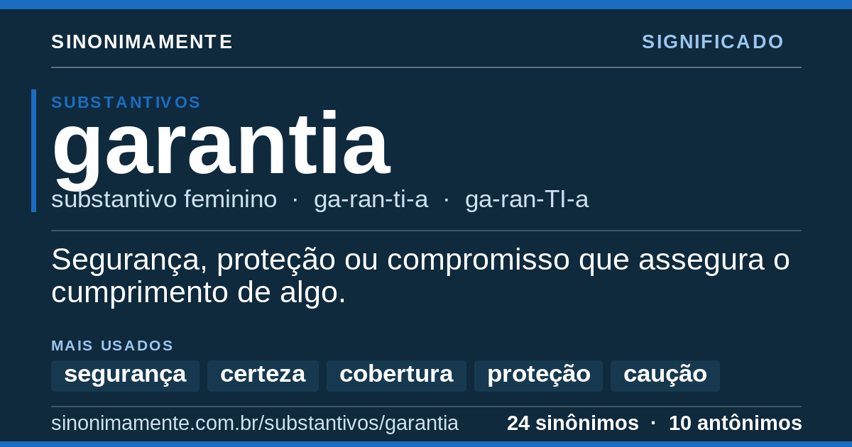 Significado de garantia: cartão do verbete com 24 sinônimos