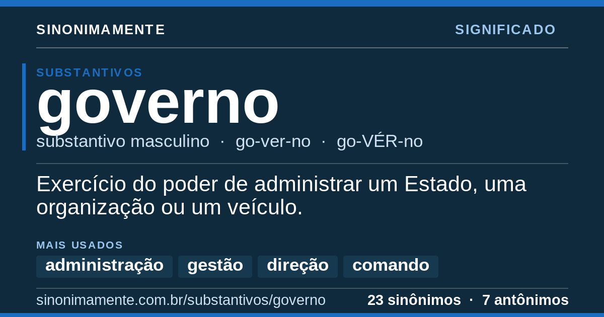 Significado de governo: cartão do verbete com 23 sinônimos
