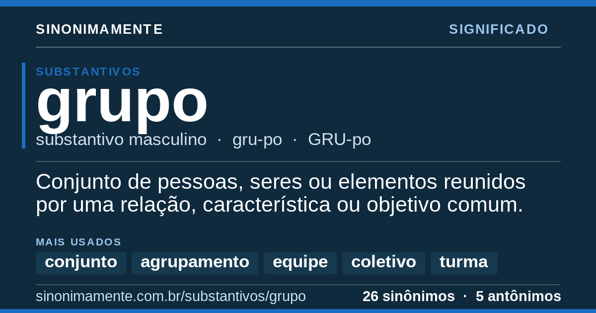 Significado de grupo: cartão do verbete com 26 sinônimos