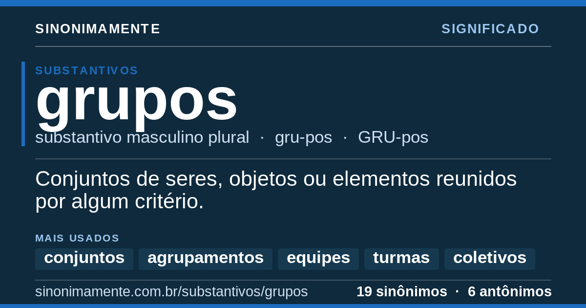 Significado de grupos: cartão do verbete com 19 sinônimos