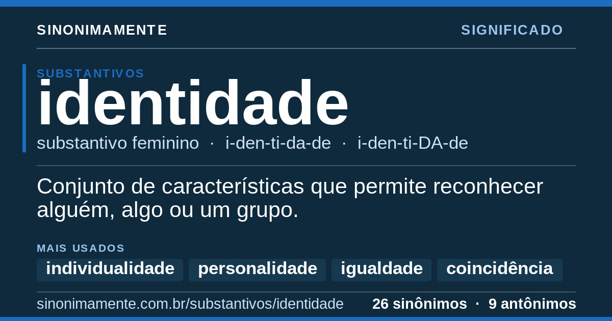 Significado de identidade: cartão do verbete com 26 sinônimos