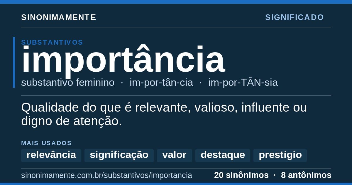 Significado de importância: cartão do verbete com 20 sinônimos