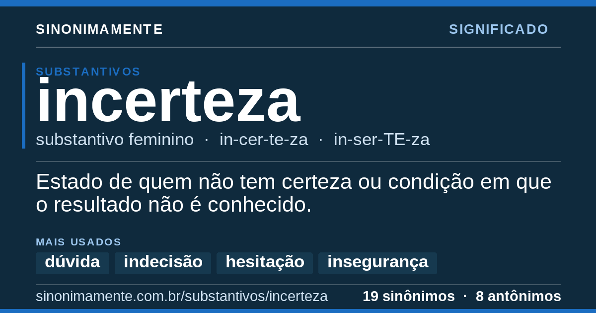 Significado de incerteza: cartão do verbete com 19 sinônimos