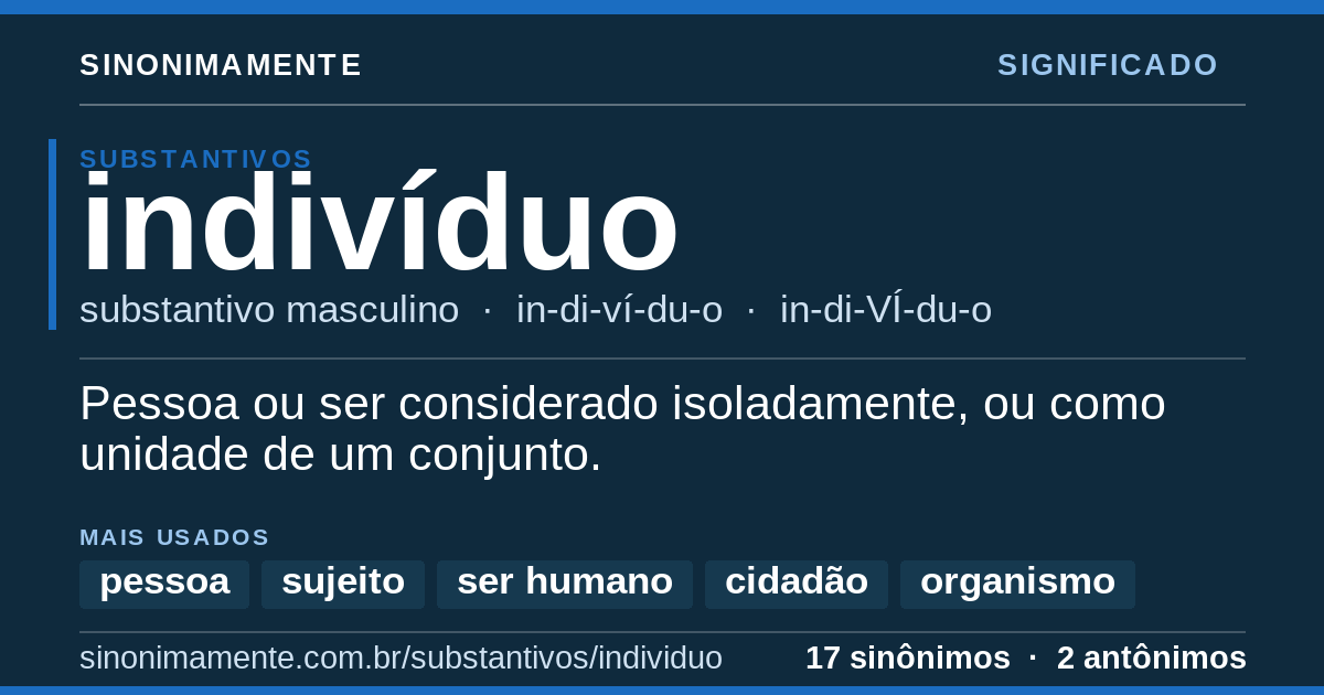 Significado de indivíduo: cartão do verbete com 17 sinônimos