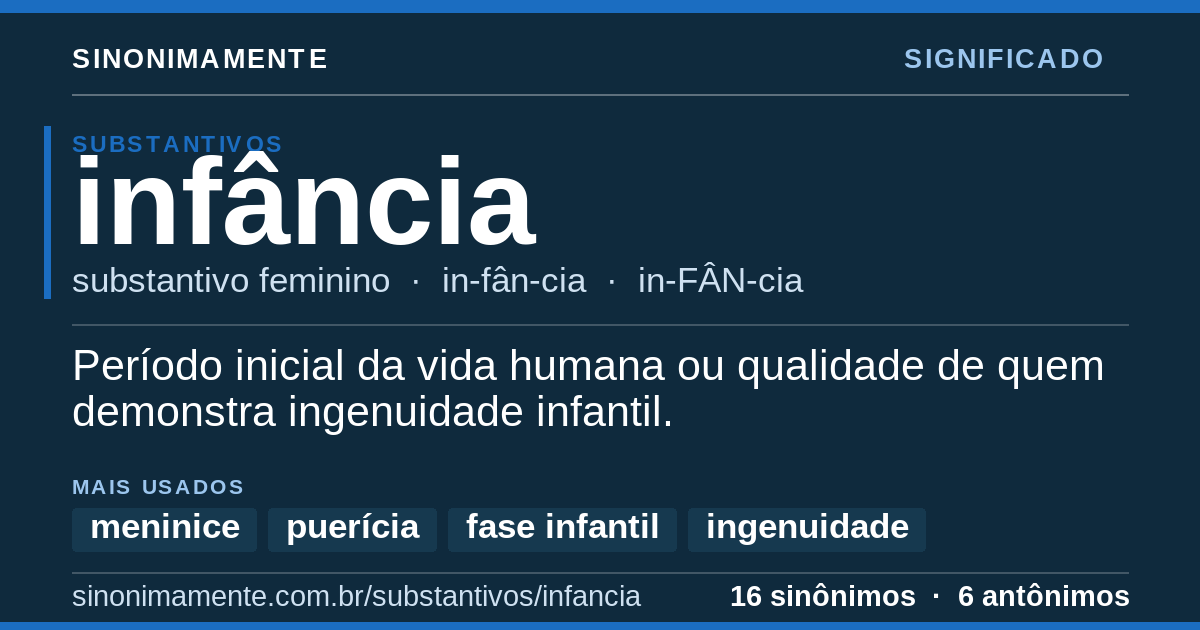 Significado de infância: cartão do verbete com 16 sinônimos