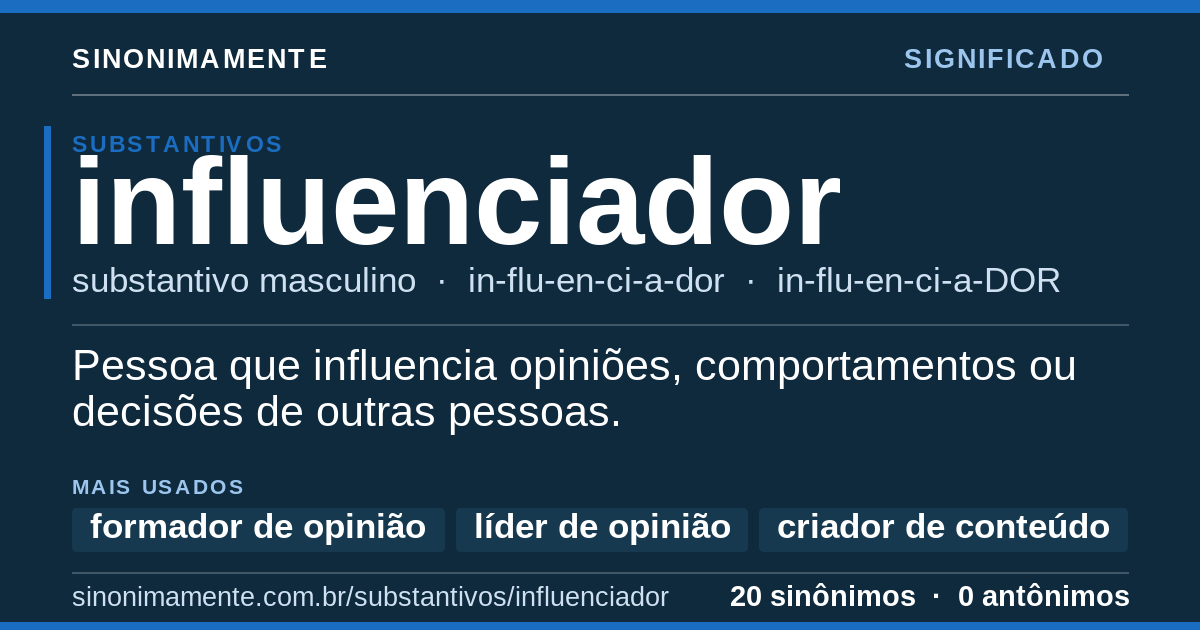 Significado de influenciador: cartão do verbete com 20 sinônimos