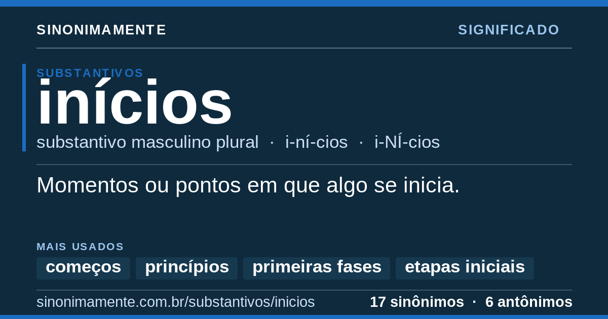 Significado de inícios: cartão do verbete com 17 sinônimos
