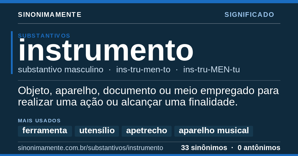 Significado de instrumento: cartão do verbete com 33 sinônimos