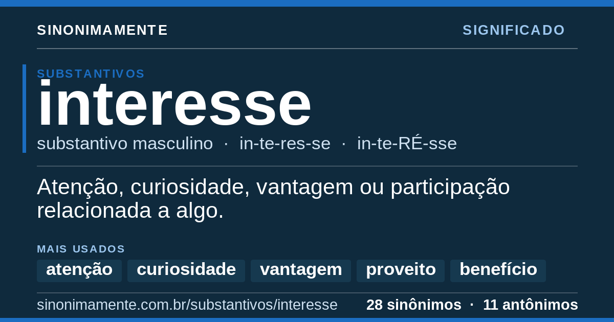 Significado de interesse: cartão do verbete com 28 sinônimos