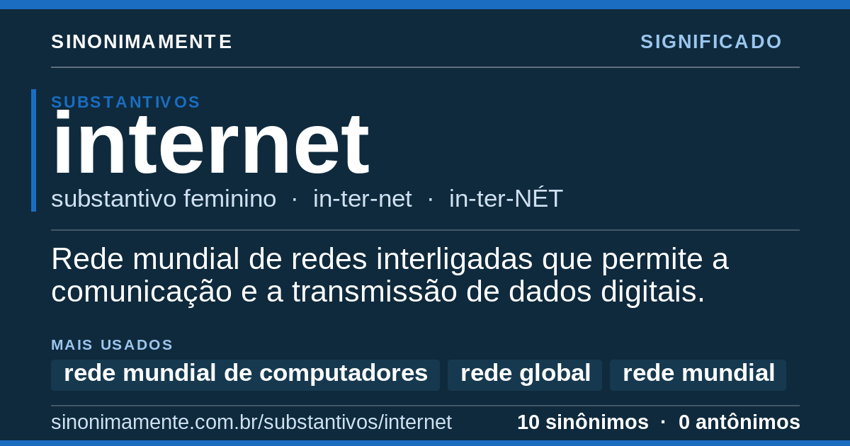 Significado de internet: cartão do verbete com 10 sinônimos
