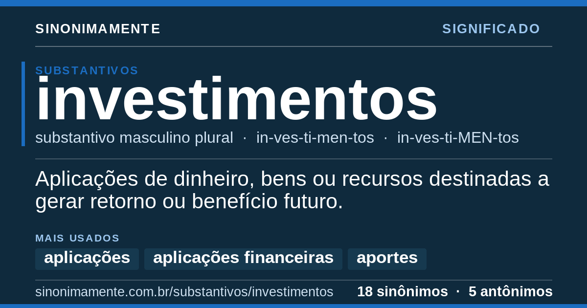 Significado de investimentos: cartão do verbete com 18 sinônimos