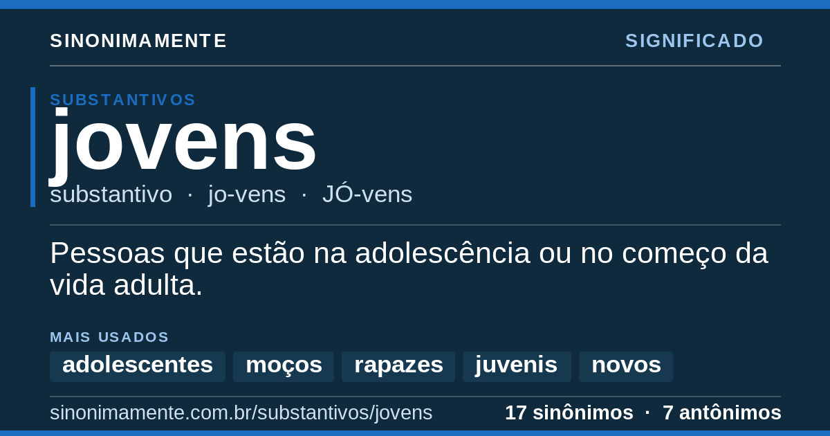 Significado de jovens: cartão do verbete com 17 sinônimos
