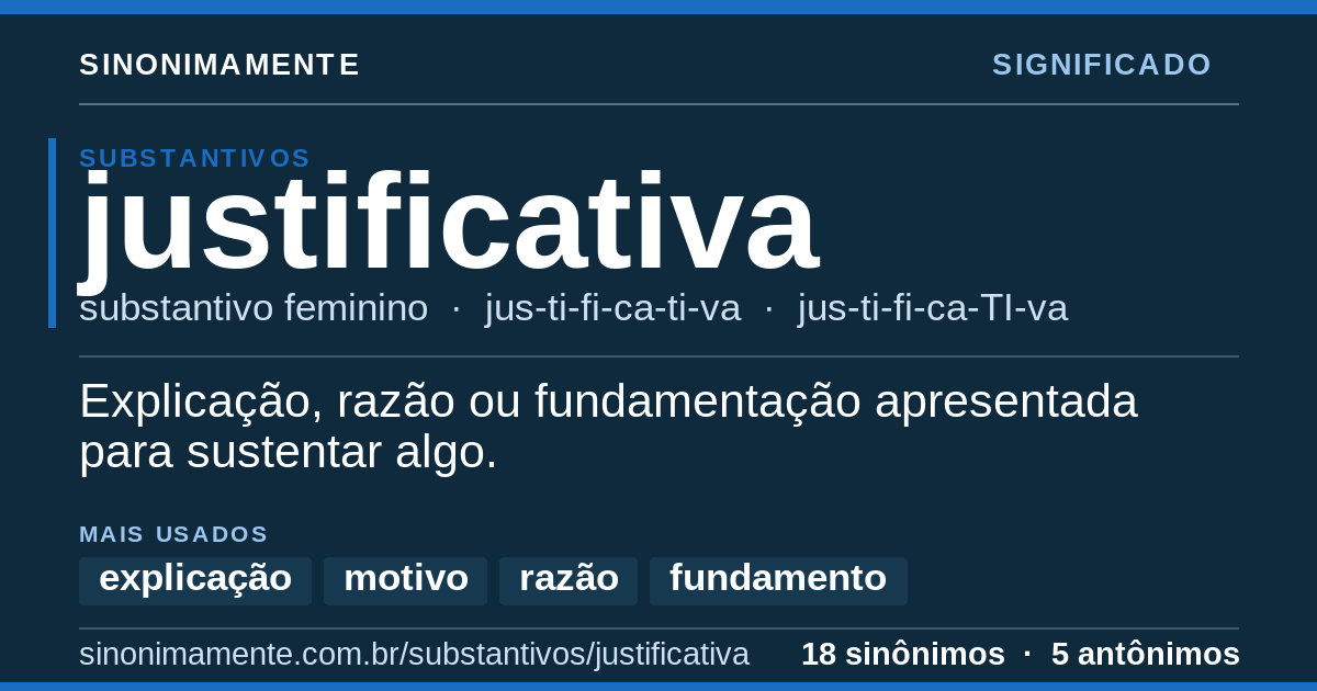 Significado de justificativa: cartão do verbete com 18 sinônimos
