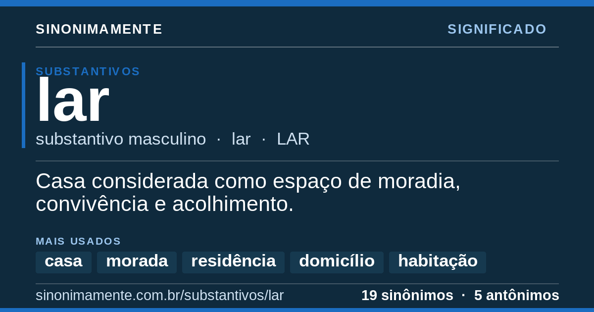 Significado de lar: cartão do verbete com 19 sinônimos