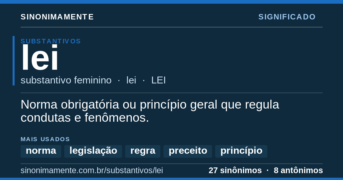 Significado de lei: cartão do verbete com 27 sinônimos