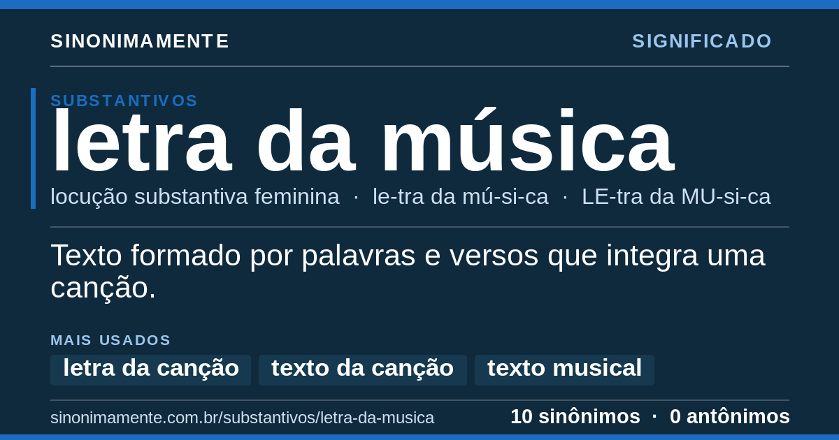 Significado de letra da música: cartão do verbete com 10 sinônimos