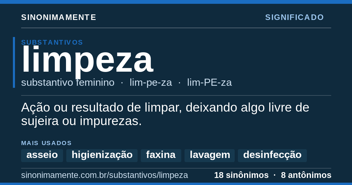 Significado de limpeza: cartão do verbete com 18 sinônimos