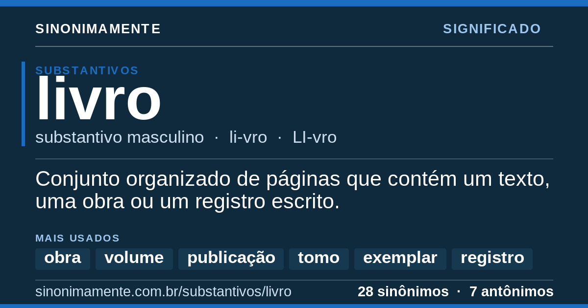 Significado de livro: cartão do verbete com 28 sinônimos