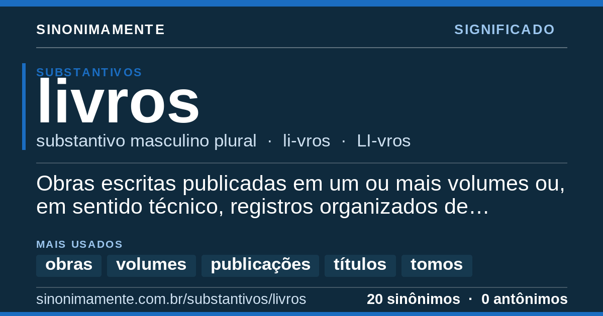 Significado de livros: cartão do verbete com 20 sinônimos