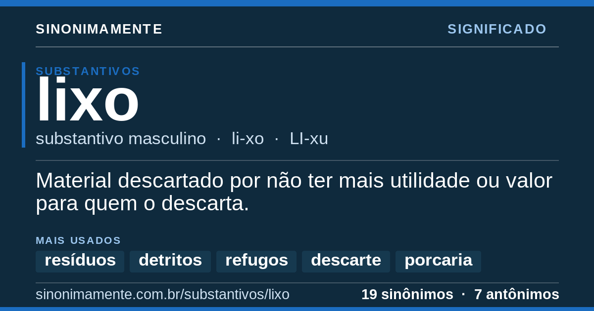 Significado de lixo: cartão do verbete com 19 sinônimos