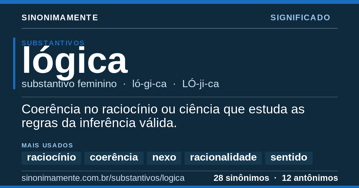 Significado de lógica: cartão do verbete com 28 sinônimos