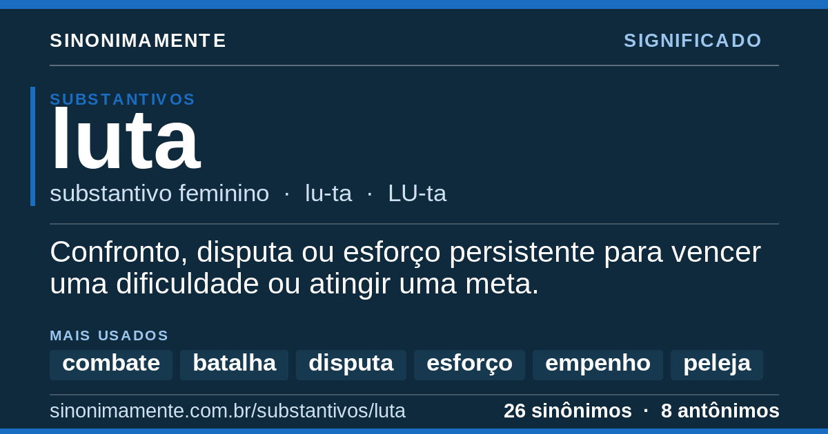 Significado de luta: cartão do verbete com 26 sinônimos