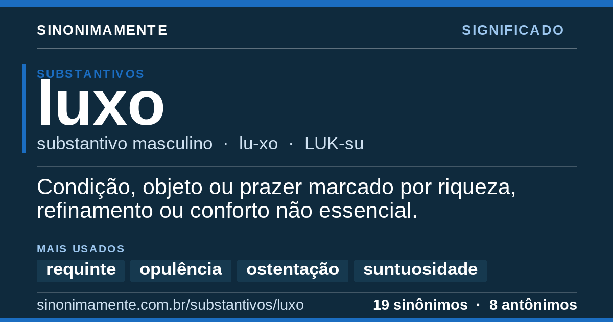 Significado de luxo: cartão do verbete com 19 sinônimos