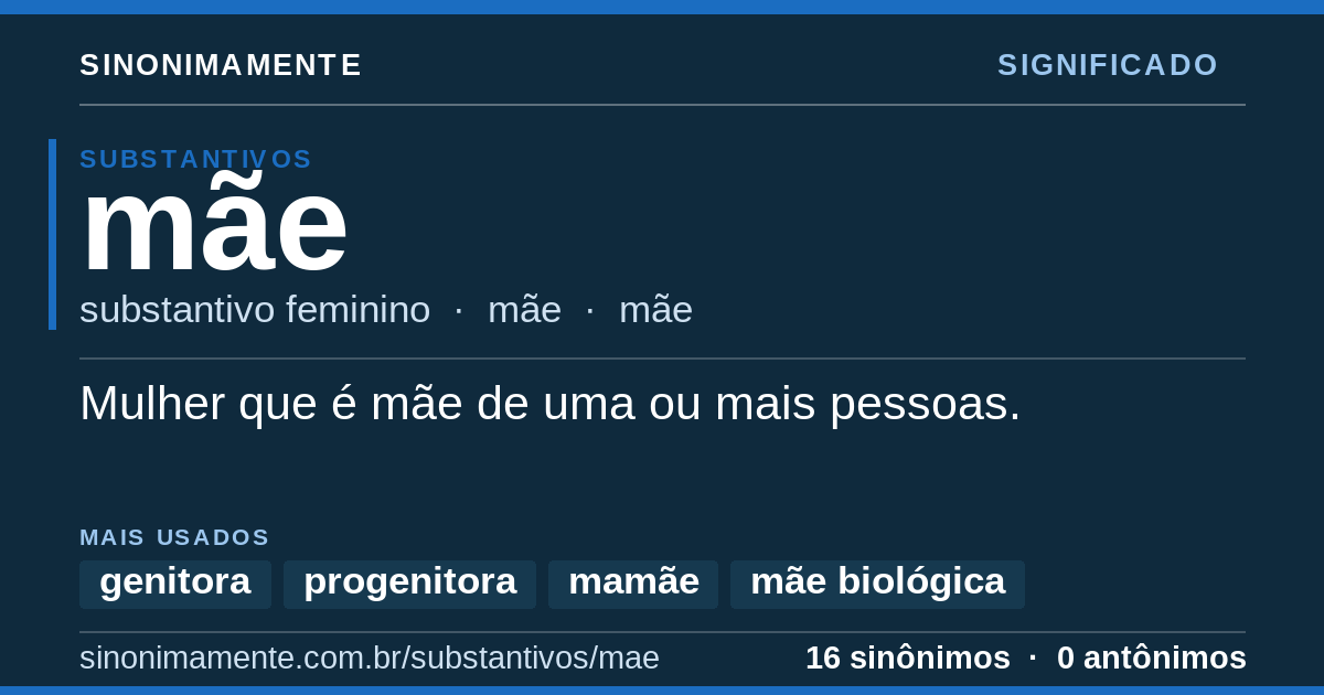 Significado de mãe: cartão do verbete com 16 sinônimos