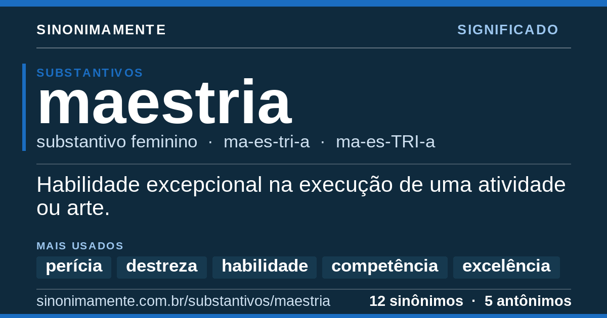 Significado de maestria: cartão do verbete com 12 sinônimos