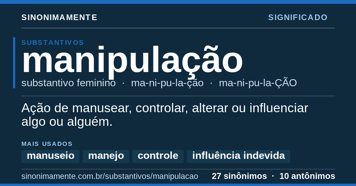 Significado de manipulação: cartão do verbete com 27 sinônimos
