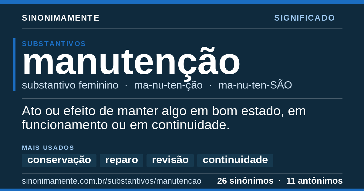 Significado de manutenção: cartão do verbete com 26 sinônimos