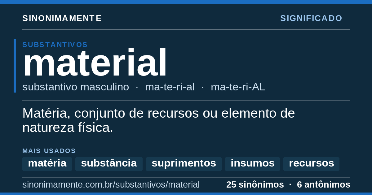 Significado de material: cartão do verbete com 25 sinônimos