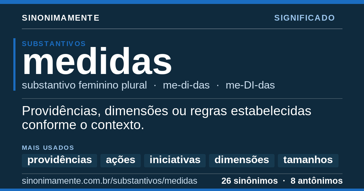 Significado de medidas: cartão do verbete com 26 sinônimos