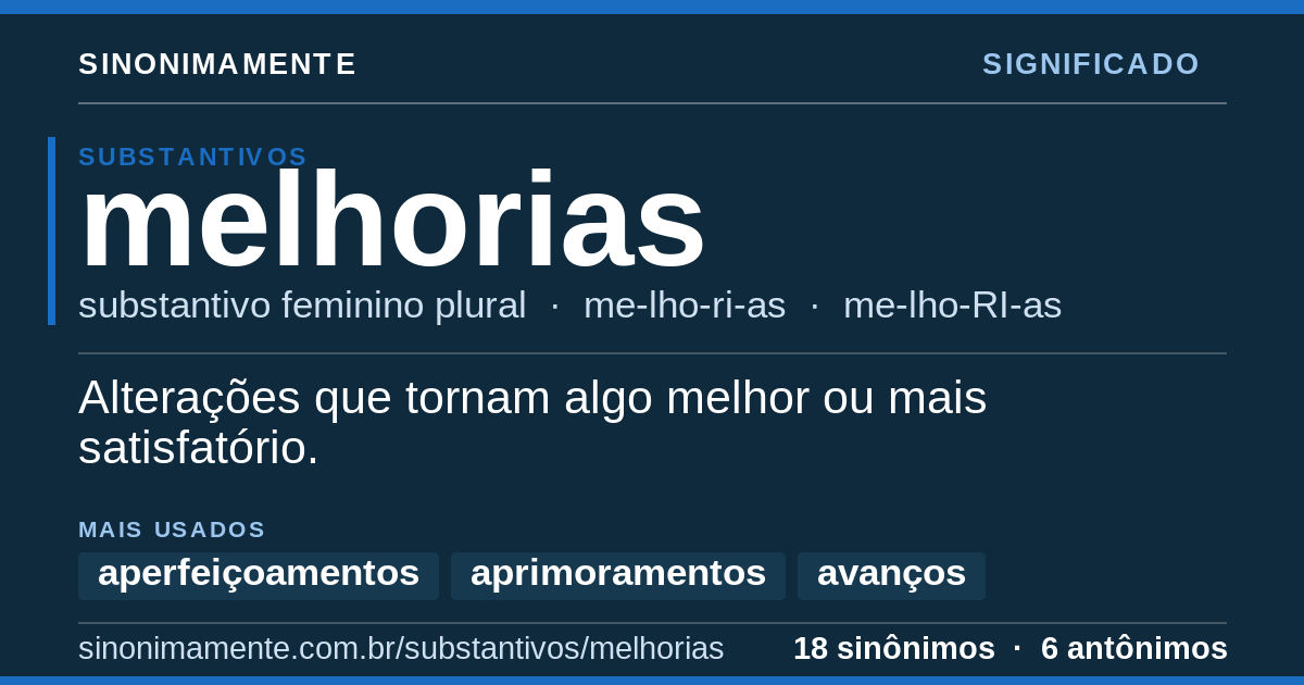 Significado de melhorias: cartão do verbete com 18 sinônimos