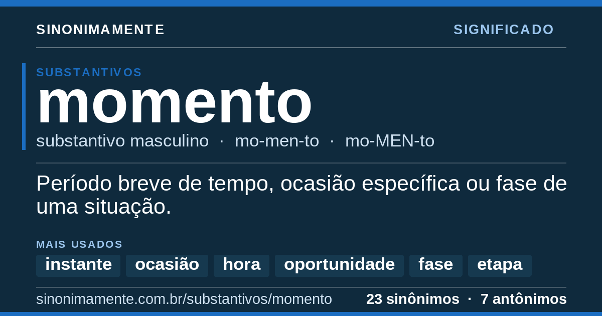 Significado de momento: cartão do verbete com 23 sinônimos