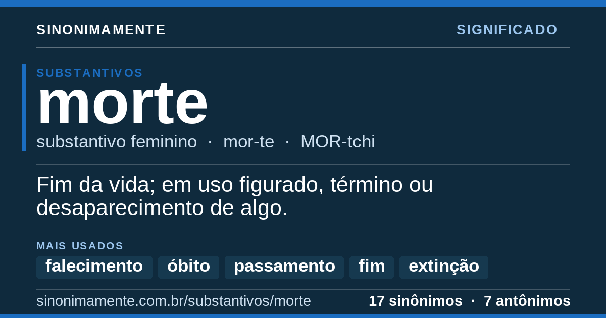 Significado de morte: cartão do verbete com 17 sinônimos