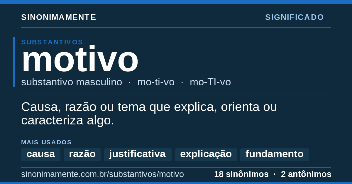 Significado de motivo: cartão do verbete com 18 sinônimos