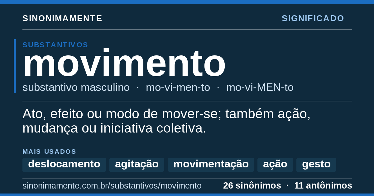 Significado de movimento: cartão do verbete com 26 sinônimos