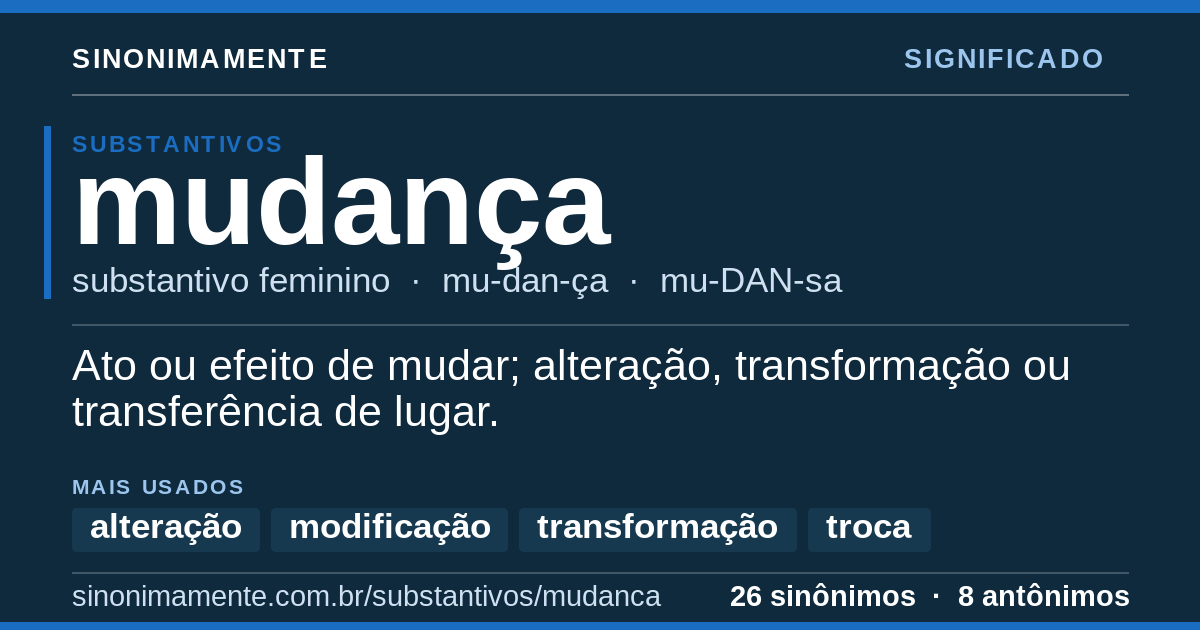 Significado de mudança: cartão do verbete com 26 sinônimos