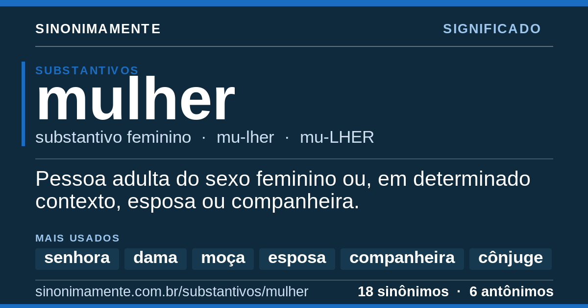 Significado de mulher: cartão do verbete com 18 sinônimos