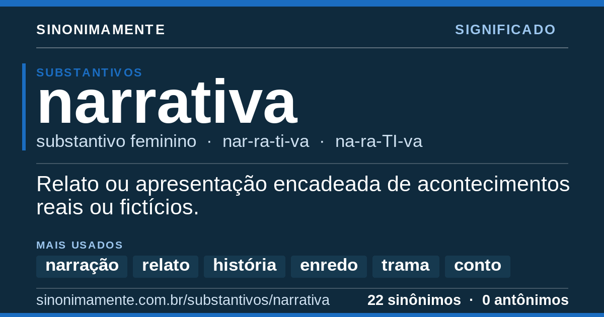 Significado de narrativa: cartão do verbete com 22 sinônimos