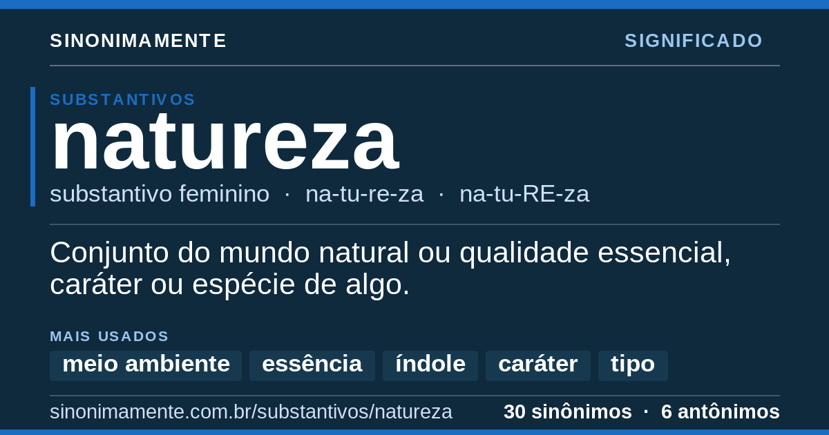 Significado de natureza: cartão do verbete com 30 sinônimos