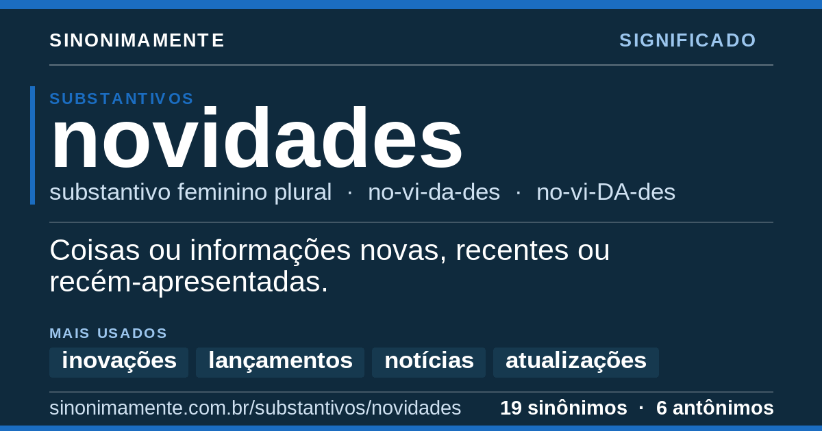 Significado de novidades: cartão do verbete com 19 sinônimos