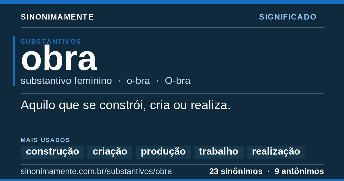 Significado de obra: cartão do verbete com 23 sinônimos