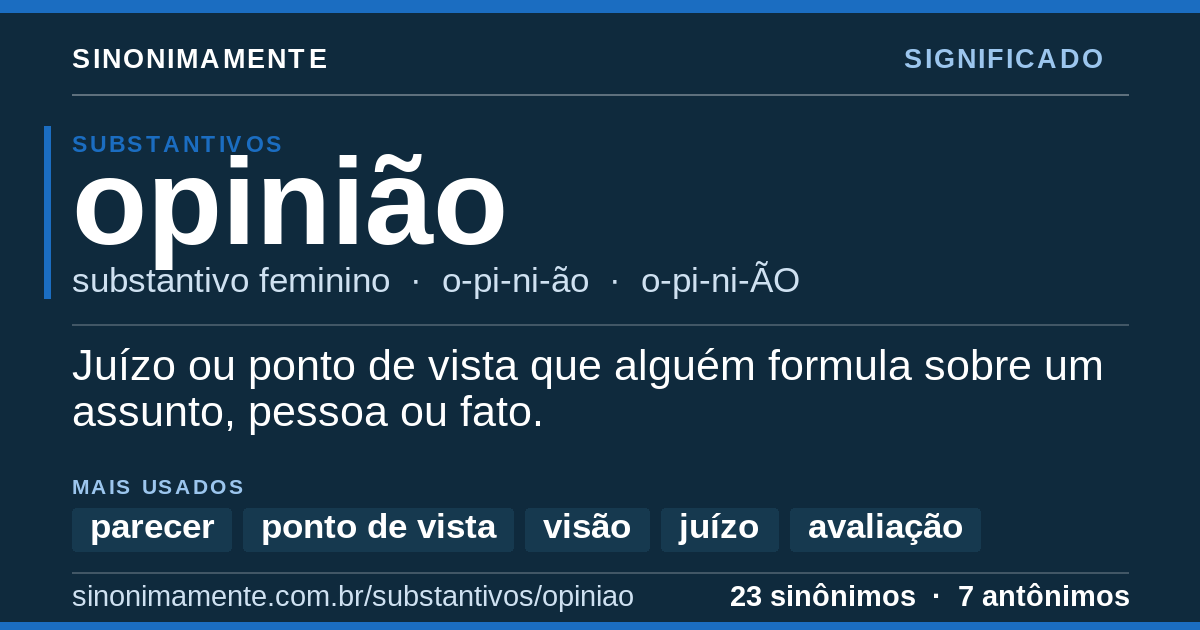 Significado de opinião: cartão do verbete com 23 sinônimos