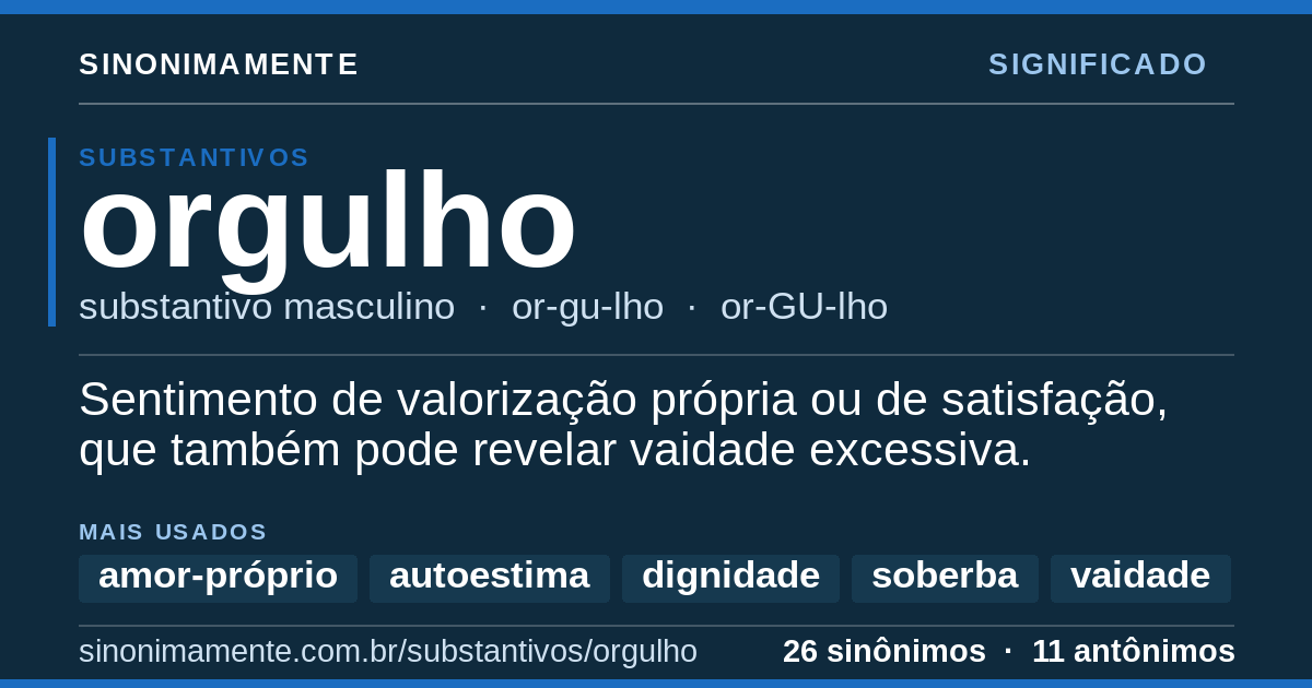 Significado de orgulho: cartão do verbete com 26 sinônimos