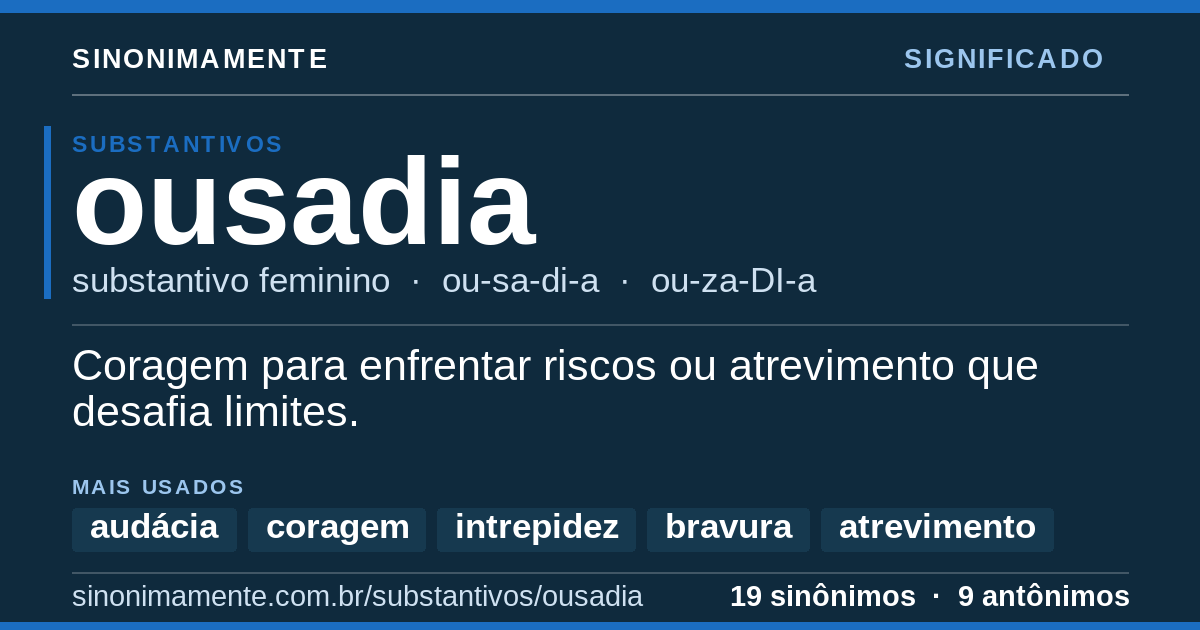 Significado de ousadia: cartão do verbete com 19 sinônimos