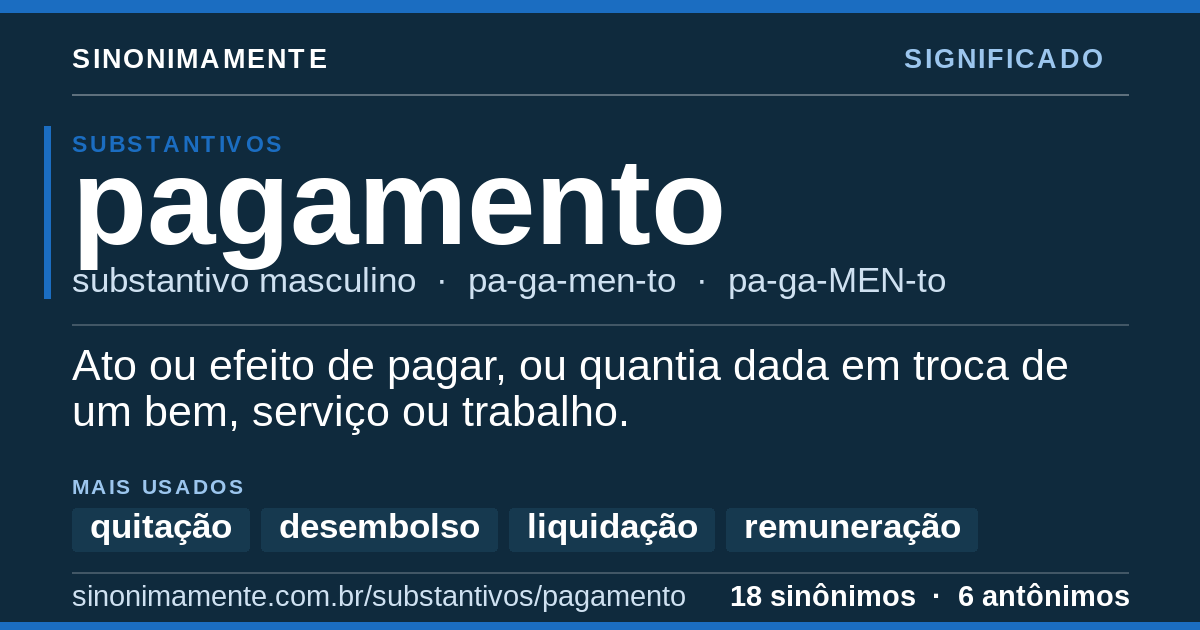 Significado de pagamento: cartão do verbete com 18 sinônimos